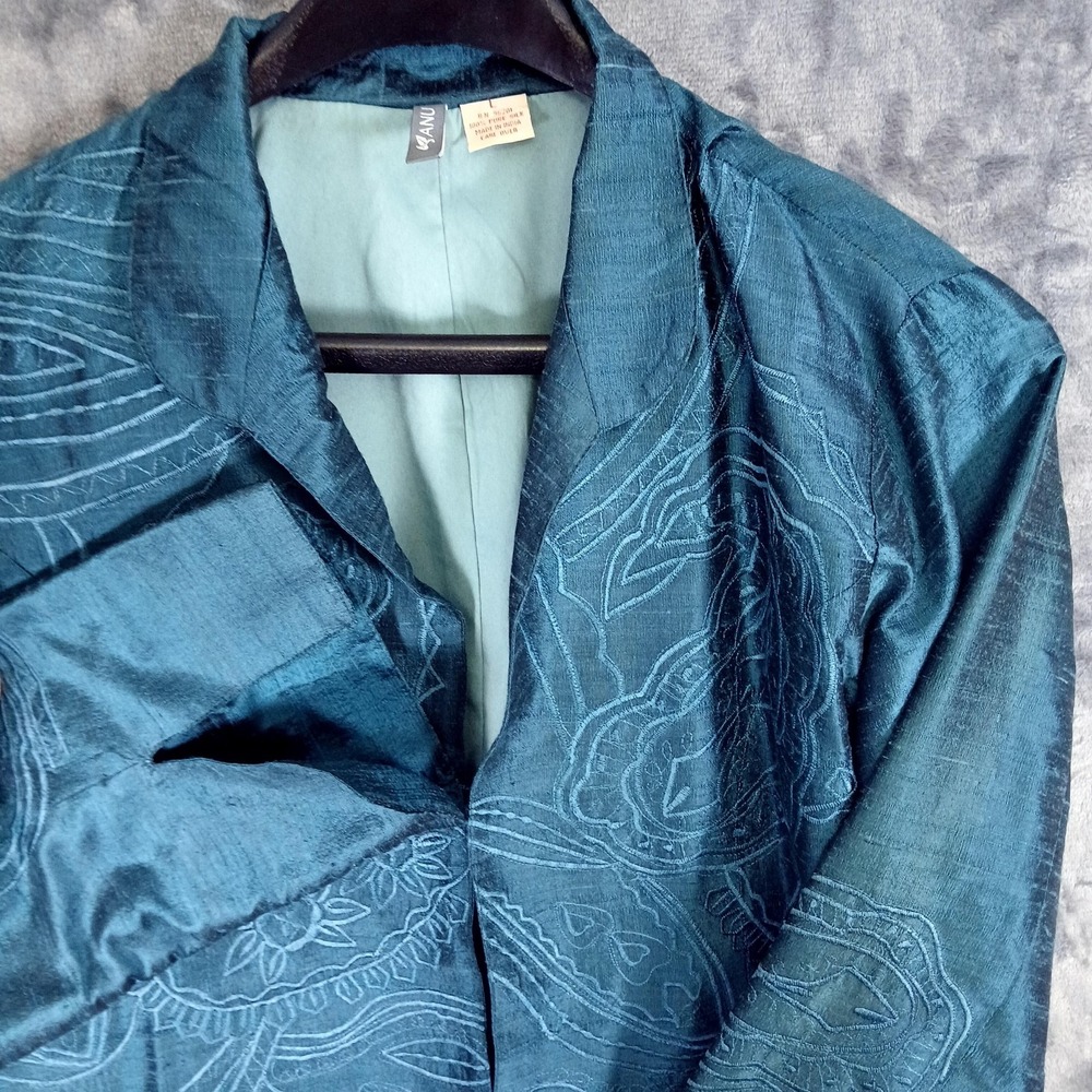 Sanu Silk Embroidered Jacket Womens L Teal Artisan Art to Wear Boho Resort‎ Chic